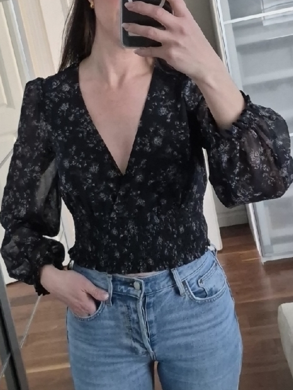 Wilfred Black Floral V-Neck Smocked Waist Blouse